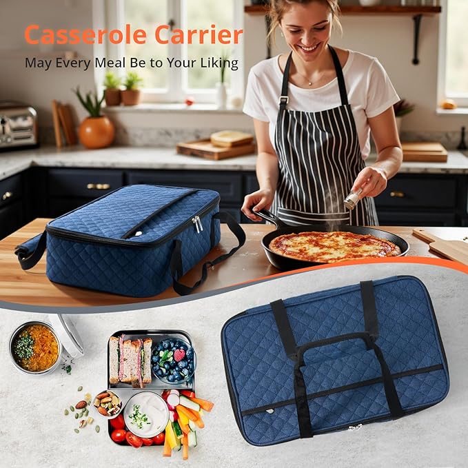 Insulated Casserole Carrier Portable Food Tote for Hot or Cold – Fits 9"x13" Baking Dish, Lasagna Holder for Parties, Picnic, Travel, Beach - Navy Blue