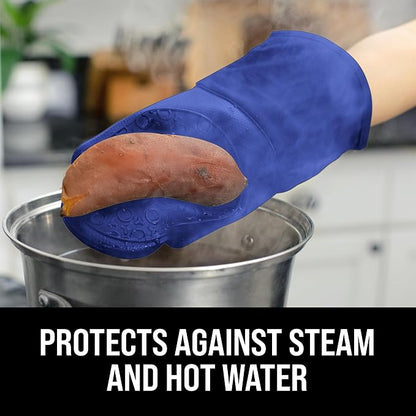 BPA-Free Soft Silicone Oven Mitts - Ultra Heat Resistant Oven Mitts with Thick Cotton Liner - Long Slip Resistant Pot Holders, Flexible Oven Gloves - Royal Blue 13.7" - Image 4