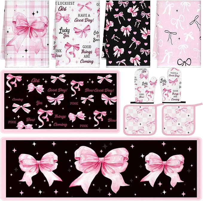 Fourluoo 10 Pcs Bow Kitchen Dish Towels Rugs Oven Mitts and Pot Holders Set Farmhouse Kitchen Decor Set for Women Mom Daughter Gift Cooking Baking Grilling(Black, Pink)