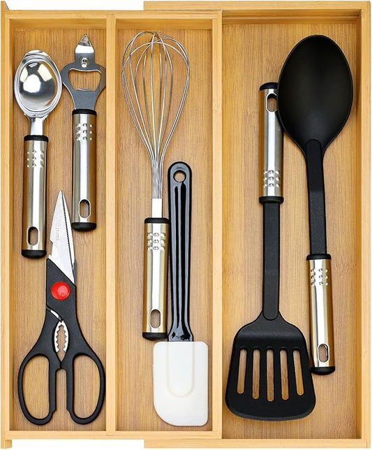 Large Bamboo Silverware Drawer Organizer Tray Kitchen Tool Drawer Divider Organizers Storage Expandable Cooking Utensil Organizer Wooden Cutlery Tray Spoon Flatware Organizers Utensil Holder Drawers by Hilislog