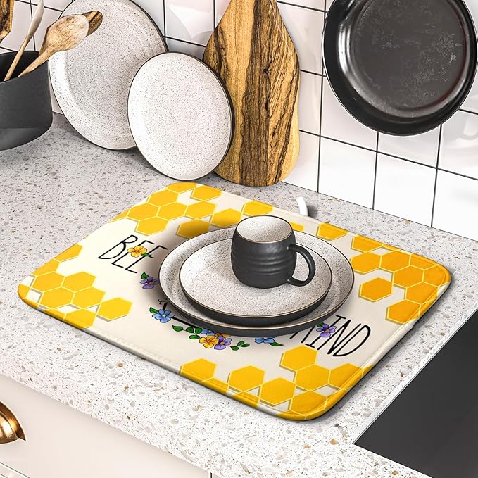 Giwawa Bee Kind Dish Drying Mat, Summer Bees Flowers Dish Drainer Mats for Kitchen Countertop, Yellow Honeycomb Absorbent Reversible Dish Drying Pad Decoration, 16x18inches, Small Size