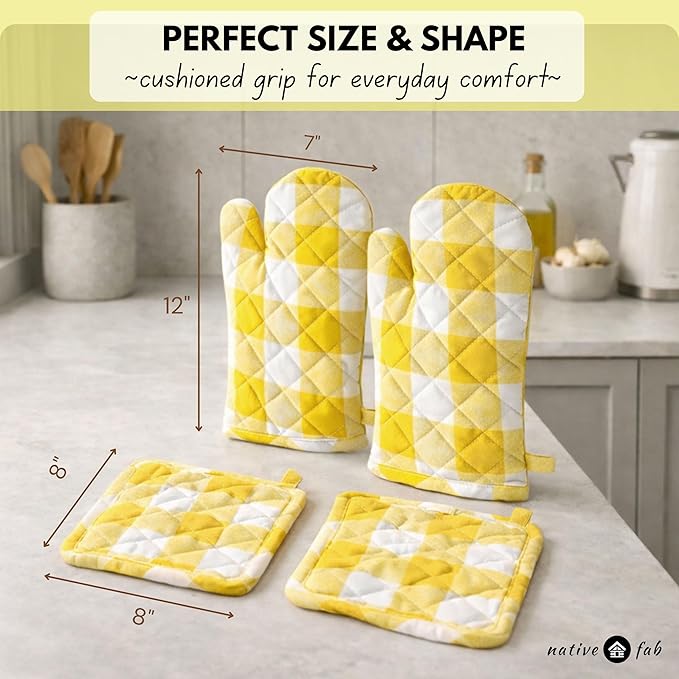Native Fab Buffalo Plaid Check Oven Mitts and Pot Holders Set of 4, 100% Cotton Heat Resistant Kitchen Gloves, 2 Oven Mitts (7x13), 2 Pot Holders (8x8) for Cooking & Baking, Lemon Yellow White - Image 7