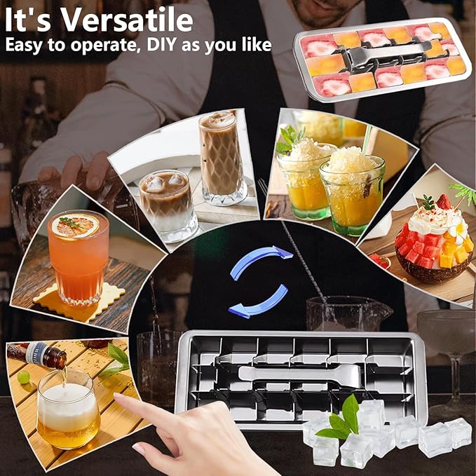 Stainless Steel Ice Cube Trays, Metal Ice Cube Trays for Freezer Vintage Inspired Design with Release Lever Remove Handle for Making Large Cubes Kitchen & Bar (1pcs) - Image 3