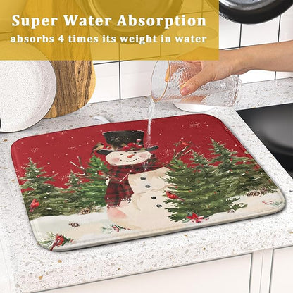 Christmas Snowman Dish Drying Mat for Kitchen Counter 16x18 Inch Watercolor Xmas Tree Bird Print Absorbent Reversible Microfiber Drying Mats Kitchen Countertop Protector Dishes Drainer Rack Pad - Image 7