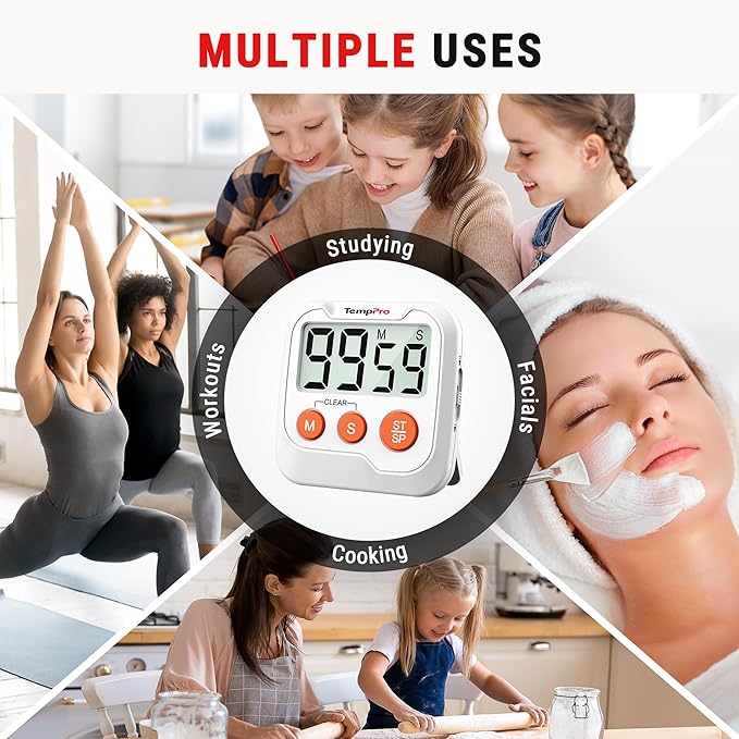 TempPro TM03 Digital Timer for Kids & Teachers, Kitchen Timers for Cooking with 2 Alarm Volume, Countdown Timer Stopwatch for Classroom Supplies, Exercise, Baking, Work, 2-Pack (Previously ThermoPro) - Image 7