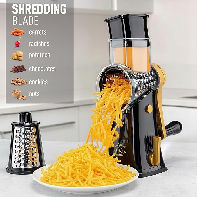 Zulay Kitchen Rotary Cheese Grater 5 Blade Cheese Shredder - Manual Hand Crank Cheese Grater With Reinforced Suction & 5 Interchangeable Drums - Easy to Use, Vegetable Chopper Round Mandoline Slicer - Image 3