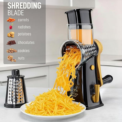 Zulay Kitchen Rotary Cheese Grater 5 Blade Cheese Shredder - Manual Hand Crank Cheese Grater With Reinforced Suction & 5 Interchangeable Drums - Easy to Use, Vegetable Chopper Round Mandoline Slicer - Image 3
