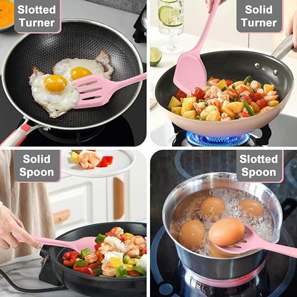 P&P CHEF Kitchen Utensil Set, 4 Pieces Non-stick Silicone Cooking Utensils, Heat-resistant Slotted Solid Spoon Turner for Frying, Mixing, Serving, Non-toxic & Easy to Clean, Pink - Image 4