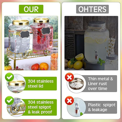 Lallisa 3 Pcs 2.5 Gallon Beverage Dispensers for Parties Glass Drink Water Dispenser with Stand Stainless Steel Leakproof Spigot Ice Cylinder Hanging Chalkboard Signs Pen(Gold)