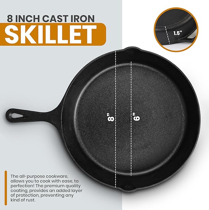 Utopia Kitchen Saute Frying Pan 8 Inch, Cast Iron Chefs Pan, Pre Seasoned Cast iron Skillet With Lid, Safe Grill Cookware for Indoor & Outdoor Use, Black - Image 3