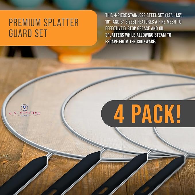 U.S. Kitchen Supply 4-Piece Stainless Steel Splatter Guard Set (13", 11.5", 10",8”) Fine Mesh Cover, Grease & Oil, Splatter Screen for Frying Pan, Cooking Pots, with Comfort Grip Handles - Image 2