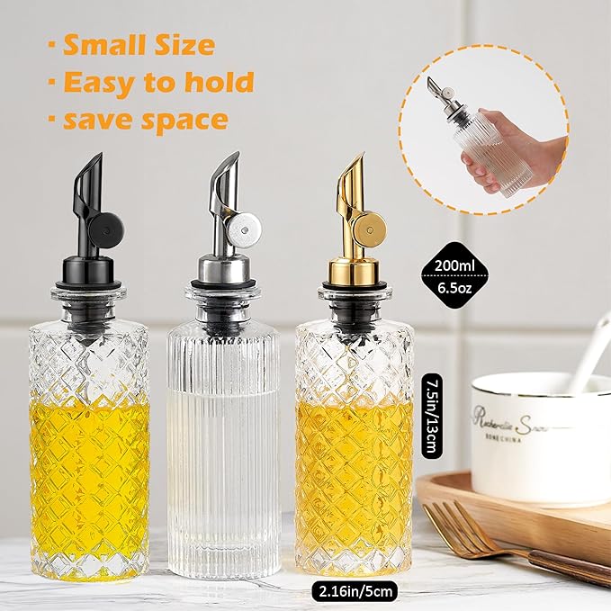 Glass Olive Oil Dispenser Bottle Small, 6.5 Oz/ 200 ml Coffee Simple Syrup Bottles with Black Metal Pour Spout, Funnel, Measuring Cup, Oil and Vinegar Bottle for Kitchen (2 Pack) - Image 3