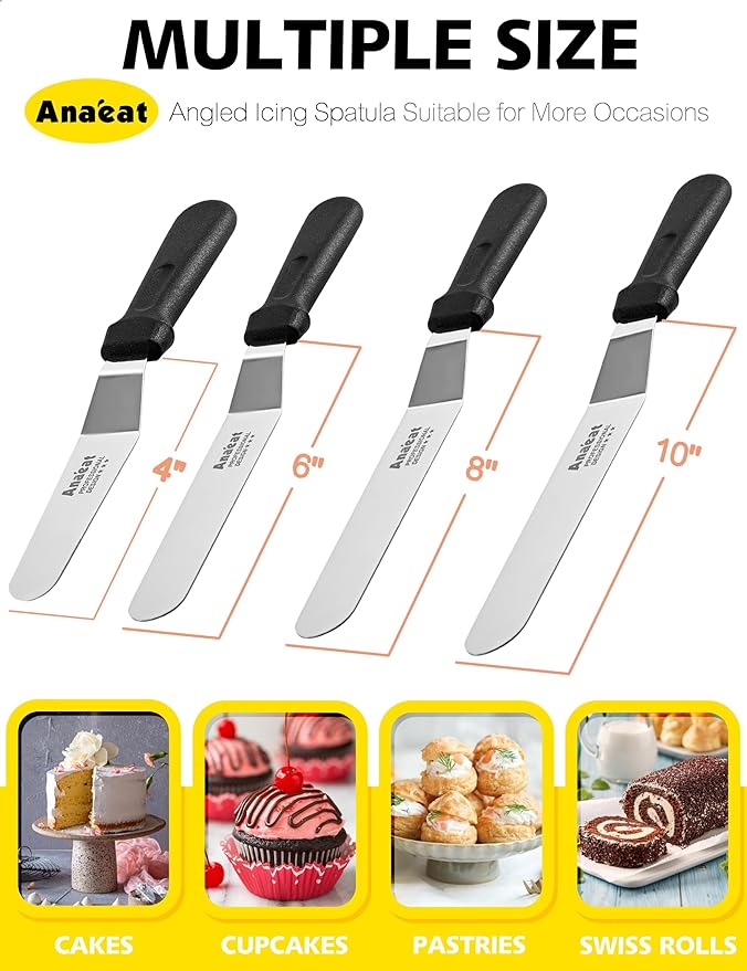 Anaeat Icing Spatulas, Set of 4 Professional Cake Angled Offset Spatula with 4", 6", 8", 10" Stainless Steel Blades - Thickened Frosting Knife with Plastic Handle for Cake Decorating, Pastry & Baking - Image 6