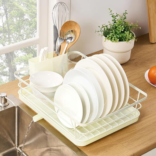 Dish Drying Rack 3 Piece Dish Drainer with Drainboard Set for Kitchen Counter – Dish Rack with Removable Utensil Holder & Swivel Spout for Countertop – DishRack for Plates, Cups & More, Ivory