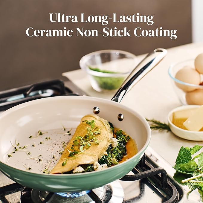 Redchef Non Stick Ceramic Frying Pan Set, Non Toxic Ceramic Pans for Cooking, 8" 9.5" 11" Skillet Set, No PFAS & PTFE & PFOA with Stainless Steel Handle, Dishwasher & Oven Safe Max up to 842°F (Green) - Image 3