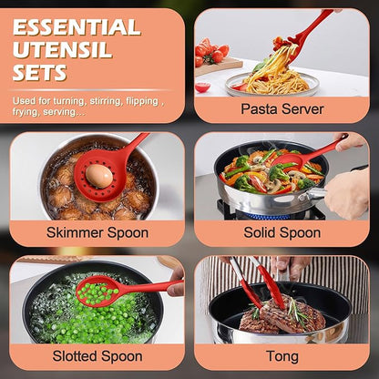 Kitchen Cooking Utensils Set with Holder, Homikit 15-Piece Silicone Spatula Set for Nonstick Cookware, 446°F Heat Resistant Spoon Turner Tong Whisk Brush for Cooking and Baking-Red - Image 8