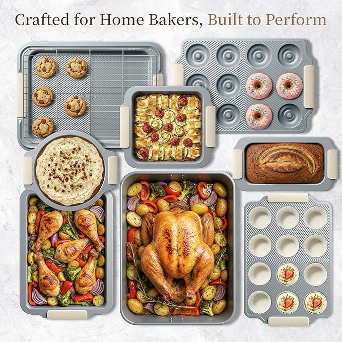 Kikcoin 25 PCS Stackable Baking Pans Set, Non-stick Bakeware Sets with Silicone Handles, 450°F Oven Safe Cookie Sheets for Baking, Easy Release Heavy-duty Baking Sheets Non Stick, Cream - Image 7