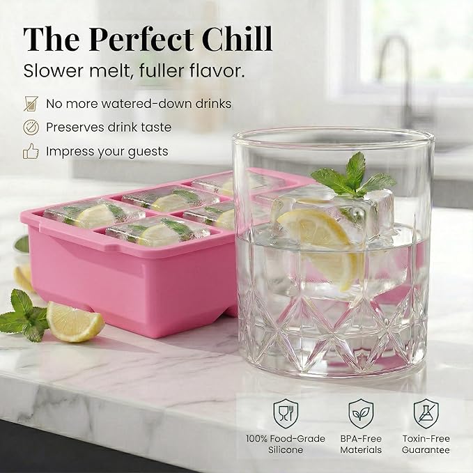 KitchFort Large Silicone Ice Cube Tray (2-Pack), Easy Release 2" Big Ice Cubes - Cocktail, Whiskey Ice Cubes Mold - Ice Trays for Freezer with Lid - Stackable Silicone Ice Tray - Pink - Image 4