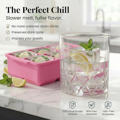 KitchFort Large Silicone Ice Cube Tray (3-Pack), Easy Release 2" Big Ice Cubes - Cocktail, Whiskey Ice Cubes Mold - Ice Trays for Freezer with Lid - Stackable Silicone Ice Tray - Pink - Image 4