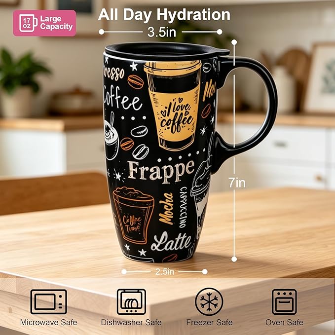Topadorn Ceramic Travel Mug with Handle Coffee Mug Ceramic Latte Tea Mug, Color Boxed, 17 oz, Splash Resistant Lid - Travel Tea Mug for Car Cup Holder, Frappe
