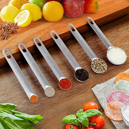 Upgrade Stainless Steel Measuring Spoons Set, Small Tablespoon, Teaspoons, Set 6 with Bonus Leveler, Etched Markings and Removable Clasp for Dry and Liquid, Fits in Spice Jars - Image 7