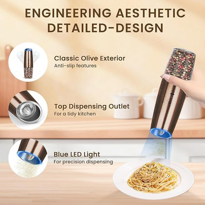 Rechargeable Electric Salt And Pepper Grinder Set, Automatic Gravity Electric Salt And Pepper Grinder Set, Adjustable Roughness, Led Light, 2 Pack, (Copper) - Image 4