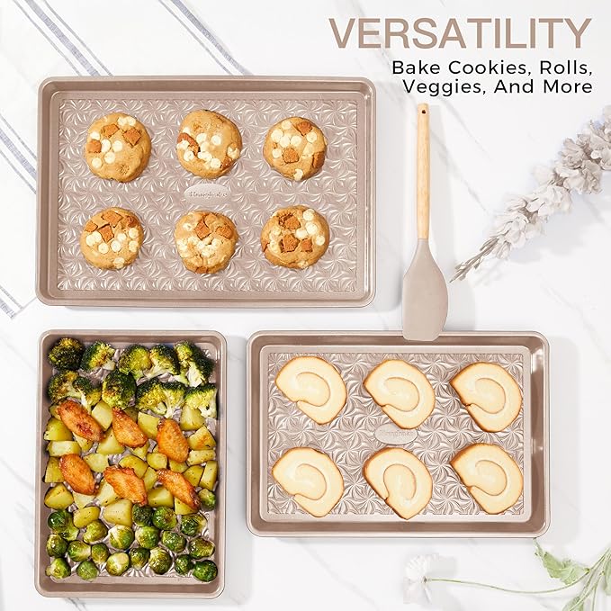 HONGBAKE Nonstick Baking Sheet Pan Set of 3, Cookie Sheets for Oven, Non-Toxic Half/Quarter/Jelly Roll Pans with Floral Swirl Texture, Heavy Duty 0.8mm Thick Oven Trays for Cooking, Champagne Gold - Image 4