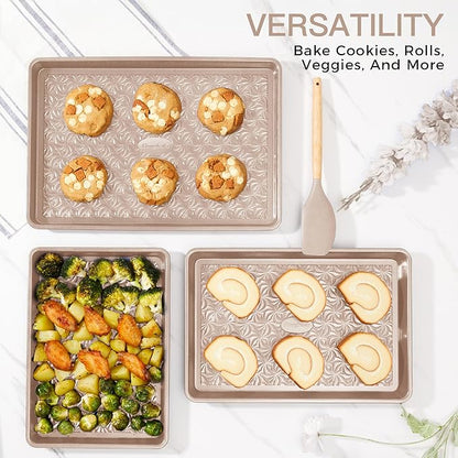 HONGBAKE Nonstick Baking Sheet Pan Set of 3, Cookie Sheets for Oven, Non-Toxic Half/Quarter/Jelly Roll Pans with Floral Swirl Texture, Heavy Duty 0.8mm Thick Oven Trays for Cooking, Champagne Gold - Image 4