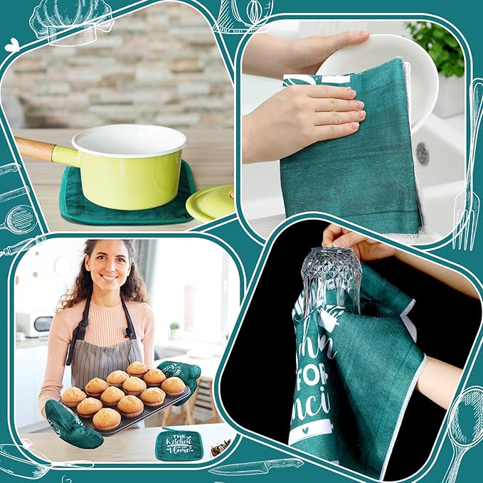 Fourluoo 10 Pcs Farmhouse Kitchen Decor and Accessories Set 4 Kitchen Towels 2 Pot Holders 2 Oven Mitts 2 Rugs for Cooking Baking Mom Housewarming Gifts(Light Blue,Classic Style) - Image 5
