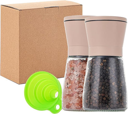 DAVIMADE Original Beige Salt and Pepper Grinder Set of 2 - Adjustable Ceramic Grinder - Glass Salt and Pepper Shakers W/Funnel - Spice Mill - Beige Kitchen Accessories