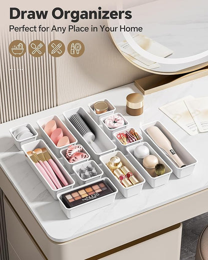 Canfanni 13 Pack Plastic Drawer Organizers Set, 3 Sizes Desk Drawer Organizer Trays for Vanity and Makeup Organizer, Organization and Storage for Makeup, Kitchen Utensils, Bathroom and Office(White) - Image 6