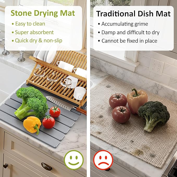 Large Stone Dish Drying Mat for Kitchen Counter, 24"(L)×16"(W), Collapsible Quick Dry Stone Dish Mats, Super Absorbent Diatomaceous Earth Drying Pad for Dishes Bottles Cups, Countertops (Light Grey) - Image 6