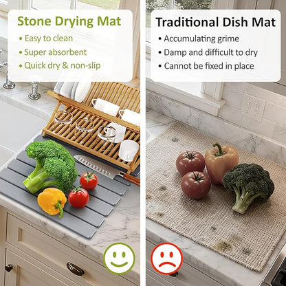 Large Stone Dish Drying Mat for Kitchen Counter, 24"(L)×16"(W), Collapsible Quick Dry Stone Dish Mats, Super Absorbent Diatomaceous Earth Drying Pad for Dishes Bottles Cups, Countertops (Light Grey) - Image 6