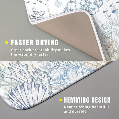 Giwawa Ocean Turtle Dish Drying Mat, Coastal Sea Tortoise Decorative Dish Drainer Mats, Summer Nautical Beach Themed Reversible Dish Drying Rack Pad Protector for Kitchen Countertop, 16"x18"