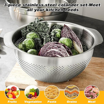 3 Pcs Stainless Steel Colander Strainer Set Metal Colander for Kitchen Pasta Strainer for Rice Food Fruits Spaghetti Vegetables (2QT, 3QT, 5QT) - Image 3