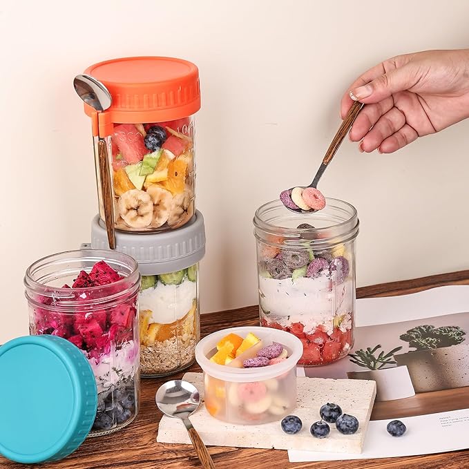 6 Pack Overnight Oats Containers with Lids and Spoons, 16 OZ Glass Mason Jars with Removable Separate Compartments, Airtight Leak Proof Oatmeal Container for Chia Pudding, Yogurt, Breakfast, Cereal - Image 5