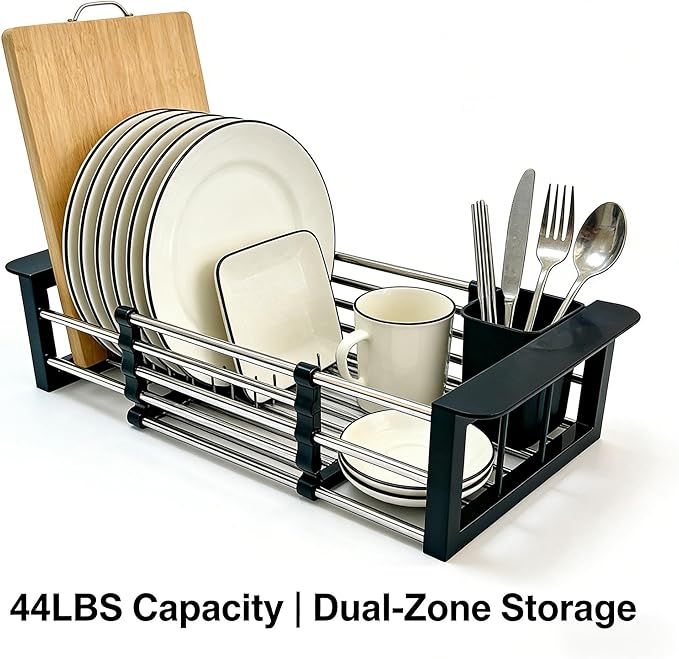 Stainless Steel Expandable Over Sink Dish Drying Rack | 11.4–18.5 inch Adjustable Drain Rack | Heavy-Duty 44LBS Capacity | Durable ABS Kitchen Organizer