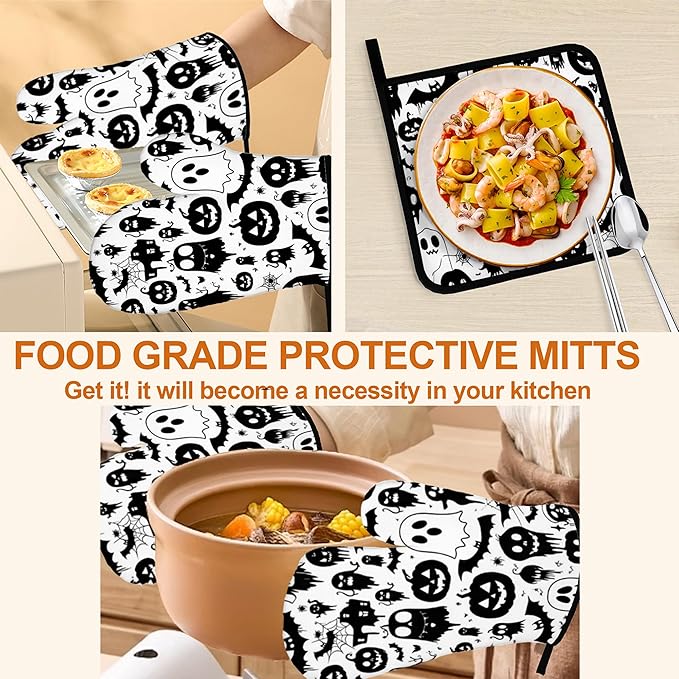 Halloween Ghost Pumpkin Pattern Oven Gloves and Hot Pads Set - Heatproof Hand Protection for Baking, Grilling, Cooking 4Pcs