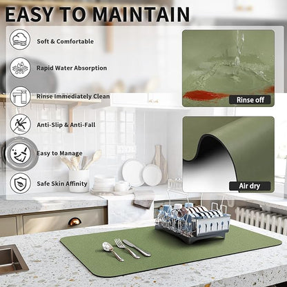 HotLive Dish Drying Mat for Kitchen Counter, Heat Resistant Drainer Mats with Non-slip Rubber Backed, Hide Stain Kitchen Super Absorbent Draining Mat, Easy to Clean Dish Rack Pad, Green 18"x24" - Image 4