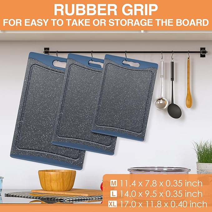 Extra Large Cutting Boards, Plastic Cutting Boards for Kitchen (Set of 3) Cutting Board Set Dishwasher Chopping Board with Juice Grooves Easy-Grip Handles, Prussian Blue, Empune - Image 4