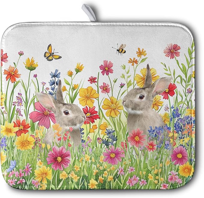Easter Dish Drying Mat for Kitchen Counter Easter Bunny Flowers Dish Drying Pad Spring Rabbit Floral Dishes Drainer Mats Absorbent Microfiber Kitchen Countertop Protector Drying Mats 16x18 in by Kwlegh