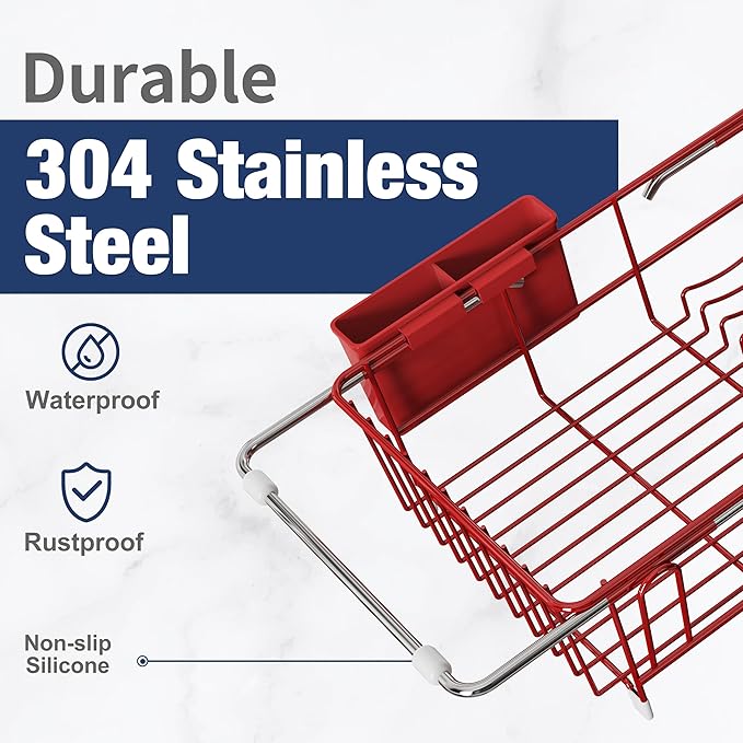 JASIWAY Red in Sink Dish Drying Rack, Expandable Stainless Steel Small Dish Rack Over Kitchen Sink, Plate Drainer Strainer with Cutlery Holder & Cup Holders, Counter Space Saving Wire Dryer Rack - Image 3