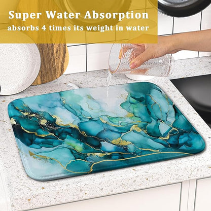 Giwawa Teal Marble Dish Drying Mat Turquoise Blue Marbling Print Dish Drainer Mats 16"x18" Modern Granite Microfiber Reversible Dish Drying Rack Pad Protector for Kitchen Countertop Decor