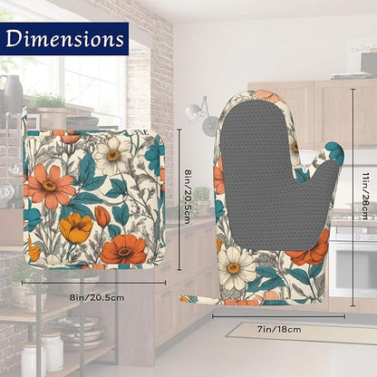 Vintage Floral Potholders & Oven Mitts Sets Abstract Flowers Silicone Heat Resistant Oven Mits and Hot Pads Non-Slip Pot Holders Gloves for Kitchen Chef Cooking Baking Grilling BBQ