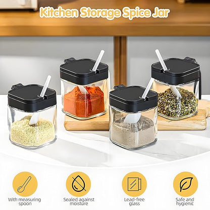 Condiment Jar Spice Container with Lids and Spoons, Kitchen Spice Pot Set of 3, 11oz Clear Glass Condiment Pot with Tray, Kitchen Salt Pepper Sugar Storage Container Jar (black, 300ml)