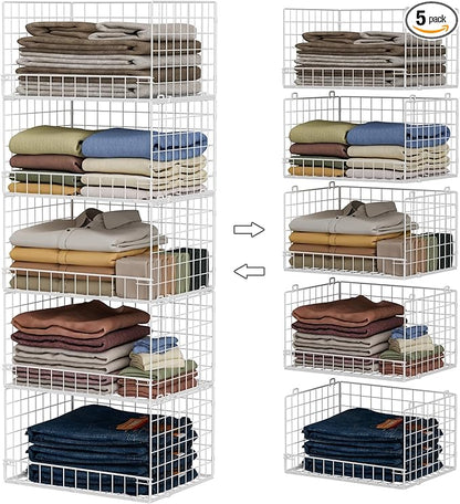 Yociyoga 5-Tier Stackable Closet Organizers and Storage Basket - Foldable Closet Shelf Organizer System, Space-Saving Clothes Storage Bins Drawer Organizer for Wardrobe, White (Patent 30022416) by FollowWithYociyogaTogether