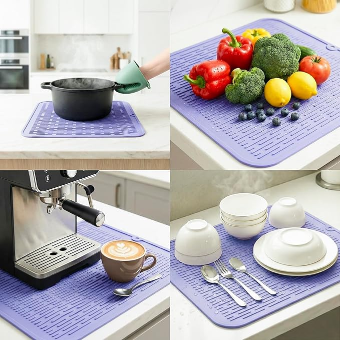 MicoYang Silicone Dish Drying Mat for Multiple Usage,Easy clean,Eco-friendly,Heat-resistant Silicone Mat for Kitchen Counter or Sink,Refrigerator or Drawer Liner Light Purple XL 18 inches x 16 inches - Image 4