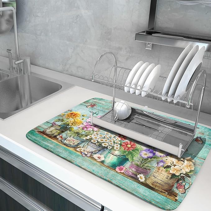 Spring Floral Rustic Dish Drying Mat for Kitchen Counter Absorbent Microfiber Large Drying Pad 18 x 24 Inch Flowers Jars - Image 5
