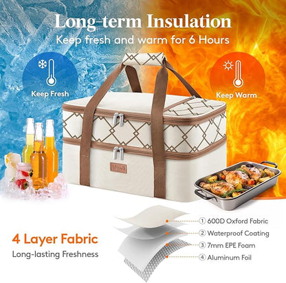 Lifewit Insulated Double Decker Casserole Carrier, Lasagna Lugger Holder for Hot or Cold Food, Fits 9" x 13" Baking Dish, Thermal Lunch Tote Bag for Potluck Parties, Picnic and Cookouts, Cream