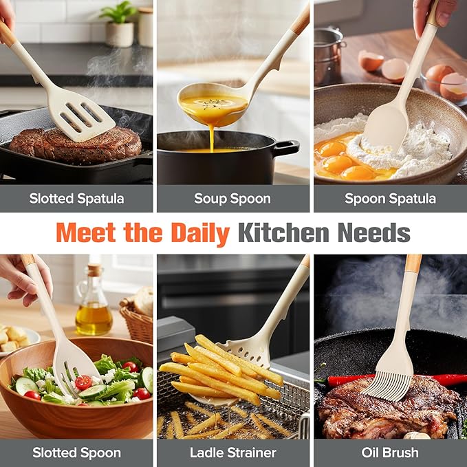 Silicone Cooking Utensils Set of 10 with Wooden Handle,No Scratch for Nonstick Cookware,Slotted Spoon&Spatula,Solid Spoon&Spatula,Large Measuring Ladle,Brush,Rice Paddle,Baking Turner&Flipper (Khaki)